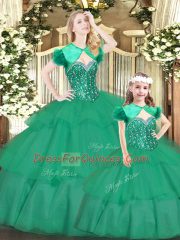 Exceptional Floor Length Lace Up Quinceanera Dress Green for Military Ball and Sweet 16 and Quinceanera with Beading and Ruffled Layers