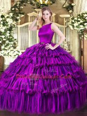 Eggplant Purple Sweet 16 Dress Military Ball and Sweet 16 and Quinceanera with Ruffled Layers Scoop Sleeveless Clasp Handle