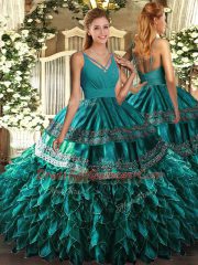 Beauteous Teal Organza Backless 15th Birthday Dress Sleeveless Floor Length Ruffles