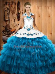 Teal Sleeveless Floor Length Embroidery and Ruffled Layers Lace Up Quinceanera Gowns