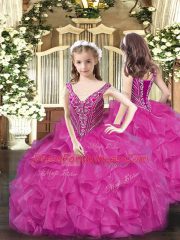 Fuchsia Sleeveless Beading and Ruffles Floor Length Pageant Gowns For Girls