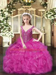 Fuchsia Sleeveless Beading and Ruffles Floor Length Pageant Gowns For Girls