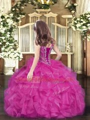 Fuchsia Sleeveless Beading and Ruffles Floor Length Pageant Gowns For Girls