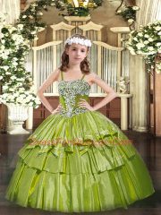 Ball Gowns Kids Pageant Dress Olive Green Straps Organza Sleeveless Floor Length Lace Up
