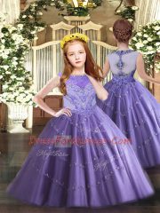 Lavender Sleeveless Floor Length Beading and Appliques Zipper Child Pageant Dress