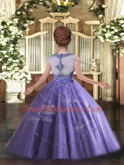 Lavender Sleeveless Floor Length Beading and Appliques Zipper Child Pageant Dress