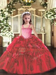 Inexpensive Ball Gowns Little Girls Pageant Dress Wholesale Red Straps Organza Sleeveless Floor Length Lace Up