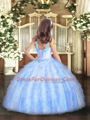 New Arrival Light Blue Sleeveless Floor Length Beading and Ruffles Lace Up Little Girl Pageant Gowns