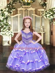 Lavender Ball Gowns Organza Scoop Sleeveless Beading and Ruffled Layers Floor Length Lace Up Kids Formal Wear