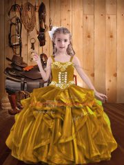 Superior Gold Organza Lace Up Straps Sleeveless Floor Length Kids Pageant Dress Embroidery and Ruffles
