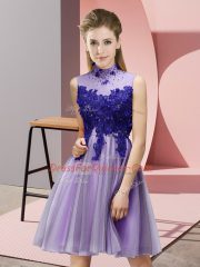 Customized Lavender Sleeveless Knee Length Appliques Lace Up Dama Dress for Quinceanera