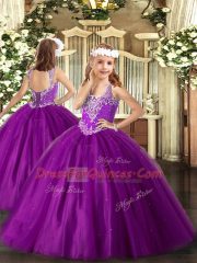 Fancy V-neck Sleeveless Winning Pageant Gowns Floor Length Beading Purple Tulle