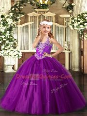 Fancy V-neck Sleeveless Winning Pageant Gowns Floor Length Beading Purple Tulle