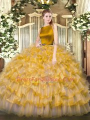 Gold Scoop Clasp Handle Ruffled Layers Quinceanera Gowns Sleeveless