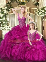 Excellent Fuchsia Ball Gowns Organza Straps Sleeveless Ruffles Floor Length Lace Up Sweet 16 Dress