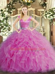 High End Lilac V-neck Zipper Ruffles Sweet 16 Dresses Sleeveless