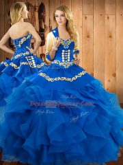 Simple Sleeveless Floor Length Embroidery and Ruffles Lace Up Sweet 16 Dresses with Blue