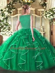 Turquoise Tulle Side Zipper Scoop Sleeveless Floor Length Sweet 16 Dresses Beading and Ruffles