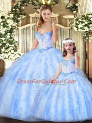 Floor Length Lace Up Quinceanera Gowns Lavender for Military Ball and Sweet 16 and Quinceanera with Beading and Ruffles