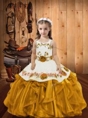 Gold Zipper Straps Embroidery and Ruffles Child Pageant Dress Organza Sleeveless
