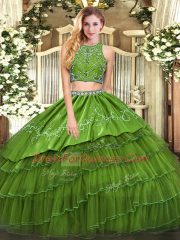 Perfect Olive Green High-neck Zipper Beading and Embroidery and Ruffled Layers 15th Birthday Dress Sleeveless