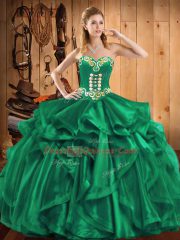Embroidery and Ruffles 15th Birthday Dress Turquoise Lace Up Sleeveless Floor Length