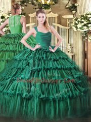Best Selling Dark Green Straps Zipper Ruffled Layers Ball Gown Prom Dress Sleeveless