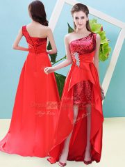 Custom Design Red Prom and Party with Beading and Sequins One Shoulder Sleeveless Lace Up