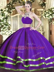 Glittering Purple Backless High-neck Beading Ball Gown Prom Dress Tulle Sleeveless