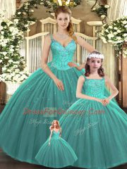 Nice Turquoise Lace Up 15 Quinceanera Dress Beading Sleeveless Floor Length