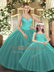Nice Turquoise Lace Up 15 Quinceanera Dress Beading Sleeveless Floor Length