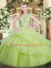 Extravagant Sleeveless Floor Length Beading and Ruffled Layers Backless Quinceanera Gowns with Yellow Green
