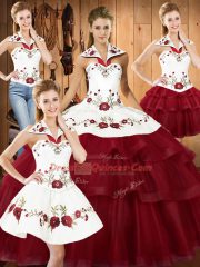 Customized Halter Top Sleeveless Quinceanera Dresses With Train Sweep Train Embroidery and Ruffled Layers Wine Red Satin and Organza