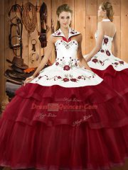 Customized Halter Top Sleeveless Quinceanera Dresses With Train Sweep Train Embroidery and Ruffled Layers Wine Red Satin and Organza