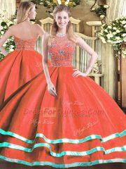 Sophisticated Sleeveless Tulle Floor Length Zipper Sweet 16 Dress in Red with Beading
