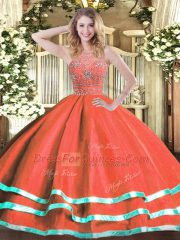 Sophisticated Sleeveless Tulle Floor Length Zipper Sweet 16 Dress in Red with Beading