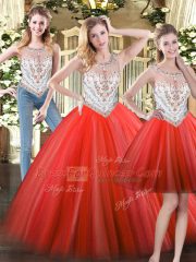 Simple Floor Length Coral Red Quinceanera Gowns Scoop Sleeveless Zipper