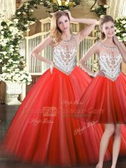Simple Floor Length Coral Red Quinceanera Gowns Scoop Sleeveless Zipper