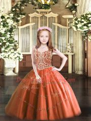 Rust Red Tulle Lace Up Little Girls Pageant Dress Wholesale Sleeveless Floor Length Beading