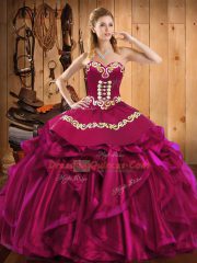 Amazing Fuchsia Satin and Organza Lace Up Sweetheart Sleeveless Floor Length Quinceanera Gowns Embroidery and Ruffles