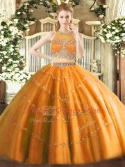 Tulle Scoop Sleeveless Zipper Beading Quinceanera Gowns in Orange