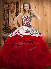 Enchanting Wine Red Sleeveless Embroidery and Ruffles Floor Length Quinceanera Gown