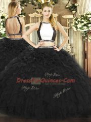 Sophisticated Black Two Pieces Ruffles Sweet 16 Dress Backless Tulle Sleeveless Floor Length