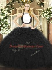 Sophisticated Black Two Pieces Ruffles Sweet 16 Dress Backless Tulle Sleeveless Floor Length