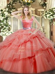 Watermelon Red Organza Zipper 15th Birthday Dress Sleeveless Floor Length Ruffled Layers