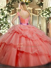Watermelon Red Organza Zipper 15th Birthday Dress Sleeveless Floor Length Ruffled Layers