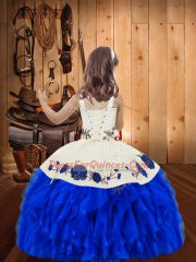 Blue Ball Gowns Straps Sleeveless Organza Lace Up Beading and Ruffles Kids Formal Wear