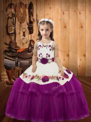 Floor Length Lace Up Child Pageant Dress Fuchsia for Sweet 16 and Quinceanera with Embroidery and Ruffled Layers