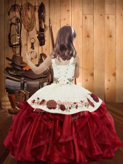 Embroidery and Ruffles Kids Pageant Dress Teal Lace Up Sleeveless Floor Length