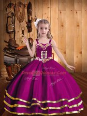 Fuchsia Little Girls Pageant Dress Wholesale Party and Sweet 16 and Quinceanera and Wedding Party with Beading and Ruffled Layers Straps Sleeveless Lace Up